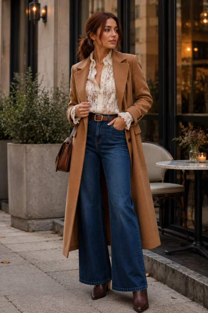 Best Winter Boho Aesthetic Outfits: Cozy Ideas with a long wool coat, romantic lace blouse, wide-leg denim, ankle boots, and elegant boho styling.