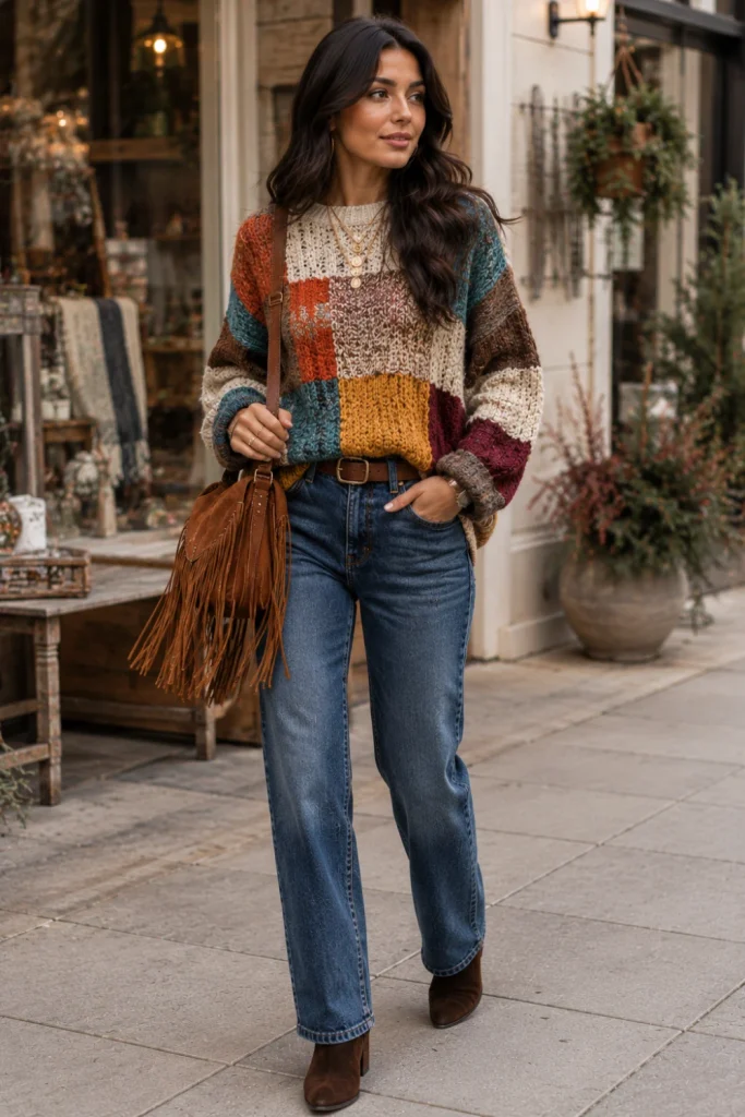 Best Winter Boho Aesthetic Outfits: Cozy Ideas featuring a colorful patchwork knit sweater, straight-leg jeans, a fringe bag, ankle boots, and modern boho accessories.