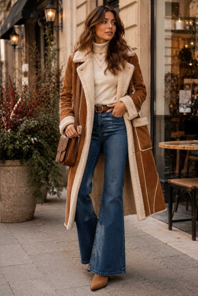 Best Winter Boho Aesthetic Outfits: Cozy Ideas featuring a modern Penny Lane coat, a ribbed turtleneck, flared jeans, suede boots, and vintage-inspired accessories.