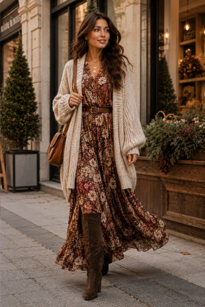 Best Winter Boho Aesthetic Outfits: Cozy Ideas featuring a printed maxi dress, oversized cardigan, knee-high boots, and chic modern bohemian winter accessories.
