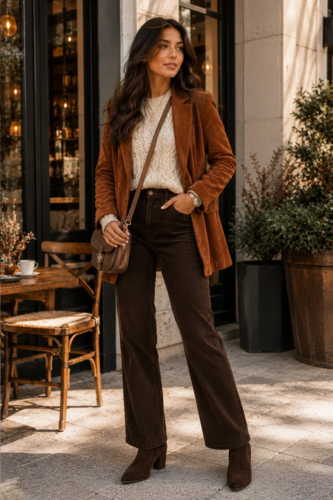 Best Winter Boho Aesthetic Outfits: Cozy Ideas with a suede blazer, cable-knit sweater, corduroy pants, ankle boots, and modern polished boho styling.