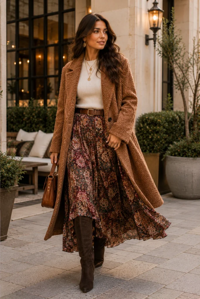Best Winter Boho Aesthetic Outfits: Cozy Ideas featuring a textured winter coat, a bohemian skirt, knee-high boots, layered knit, and modern chic accessories.