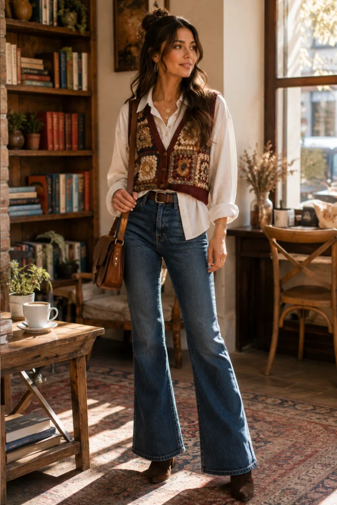 Best Winter Boho Aesthetic Outfits: Cozy Ideas featuring a vintage knit vest, crisp button-down shirt, flare jeans, ankle boots, and modern bohemian accessories.