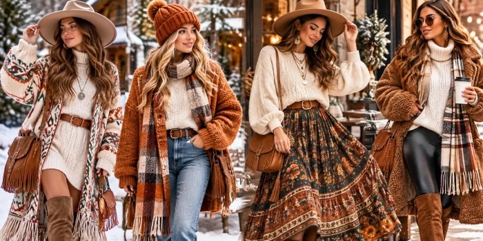 Best winter boho aesthetic outfits featuring cozy knit sweaters, patterned cardigans, warm coats, scarves, boots, wide-brim hats, and earthy layered fashion for stylish cold-weather looks