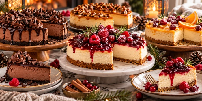 Best Winter Cheesecakes Recipe Ideas featuring creamy classic cheesecake, chocolate cheesecake, caramel pecan cheesecake, and berry-topped slices with festive winter garnishes.