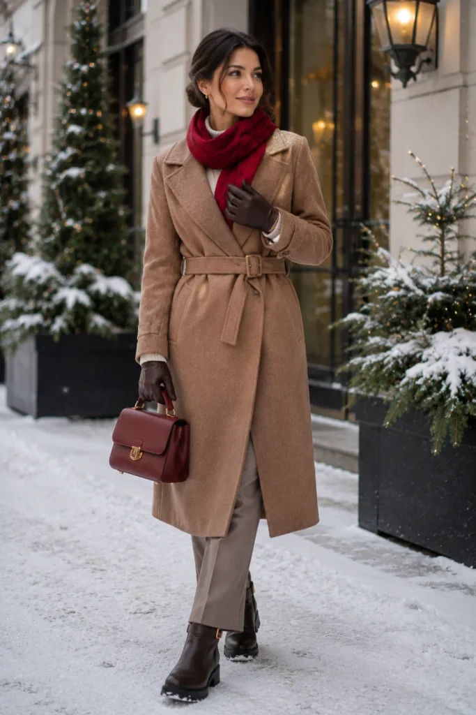 Best Winter Cold-Freezing Snow Outfits Ideas featuring a belted wool coat, warm Heattech-style layers, tailored trousers, and waterproof boots.