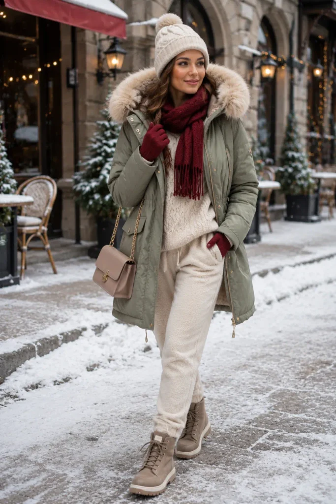 Best Winter Cold-Freezing Snow Outfit Ideas with a faux fur-lined parka, chunky sweater, fleece pants, and cozy winter accessories.