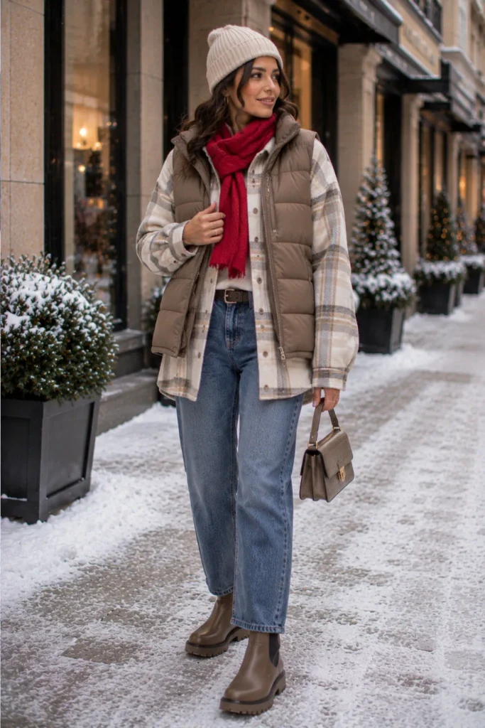 Best Winter Cold-Freezing Snow Outfit Ideas featuring a longline puffer vest, a mock-neck sweater, warm trousers, and fashionable snow boots.