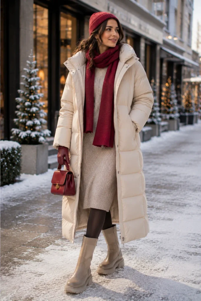 Best Winter Cold-Freezing Snow Outfit Ideas featuring a maxi puffer coat, cozy sweater dress, thermal tights, and stylish winter boots.