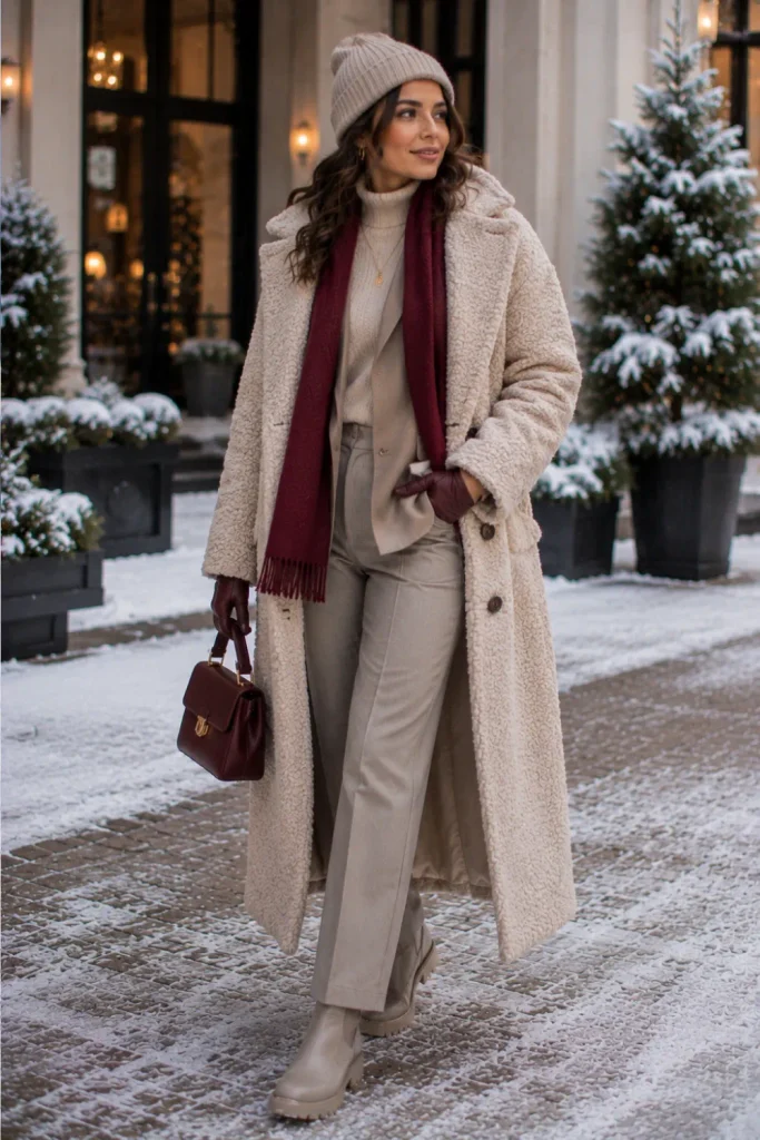 Best Winter Cold-Freezing Snow Outfit Ideas featuring neutral winter layers, a textured boucle coat, insulated ankle boots, and sophisticated accessories.