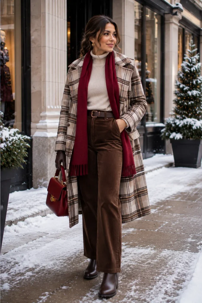 Best Winter Cold-Freezing Snow Outfit Ideas featuring a plaid wool coat, a fitted turtleneck, corduroy pants, winter boots, and sophisticated accessories.