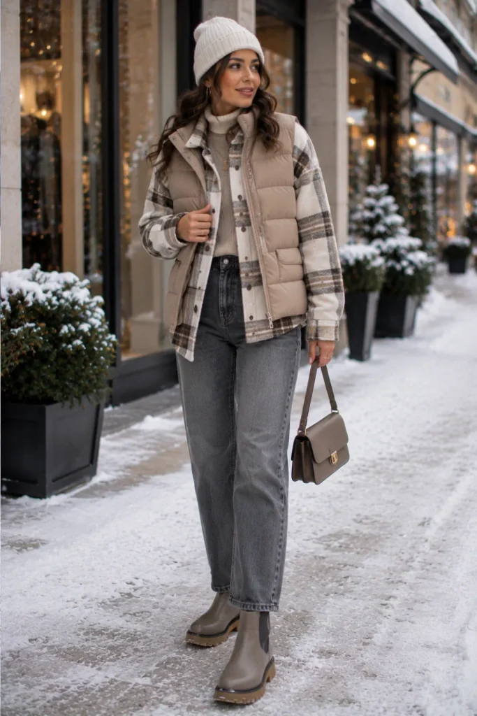 Best Winter Cold-Freezing Snow Outfit Ideas featuring a layered shacket, quilted vest, heat-lined jeans, insulated boots, and chic winter accessories.