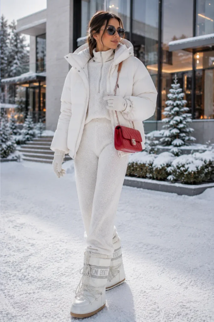 Best Winter Cold-Freezing Snow Outfit Ideas featuring a snowy white puffer, monochrome knitwear, trendy moon boots, and colorful winter accessories.
