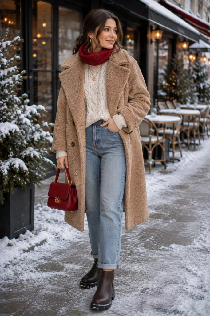 Best Winter Cold-Freezing Snow Outfit Ideas featuring a plush teddy coat, cable-knit sweater, thermal jeans, winter boots, and trendy neutral accessories.