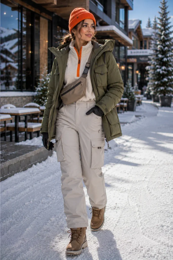 Best Winter Cold-Freezing Snow Outfit Ideas featuring a utility parka, half-zip fleece, cargo snow pants, winter boots, and modern outdoor accessories.