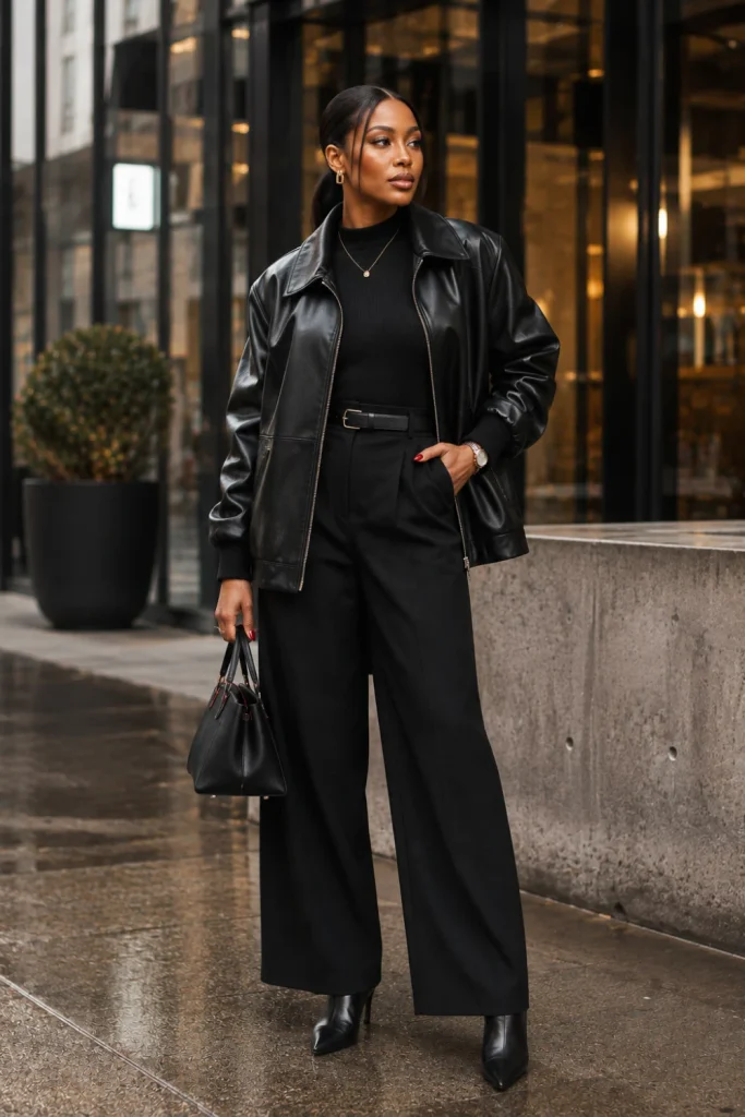 A stylish Black woman wearing an all-black leather jacket, ribbed knit top, tailored trousers, ankle boots, and sculptural handbag in a modern 2026 winter fashion look.