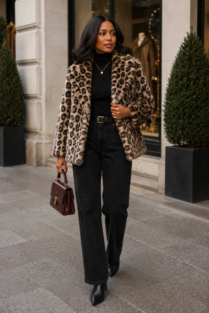 A stylish Black woman wearing an animal-print faux-fur jacket, fitted black knit, straight-leg jeans, sleek boots, and a modern handbag in a chic 2026 winter outfit.