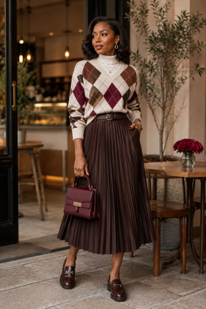A stylish Black woman wearing a modern argyle knit sweater with a pleated midi skirt, fitted base layer, loafers, and structured handbag for a chic 2026 winter outfit.