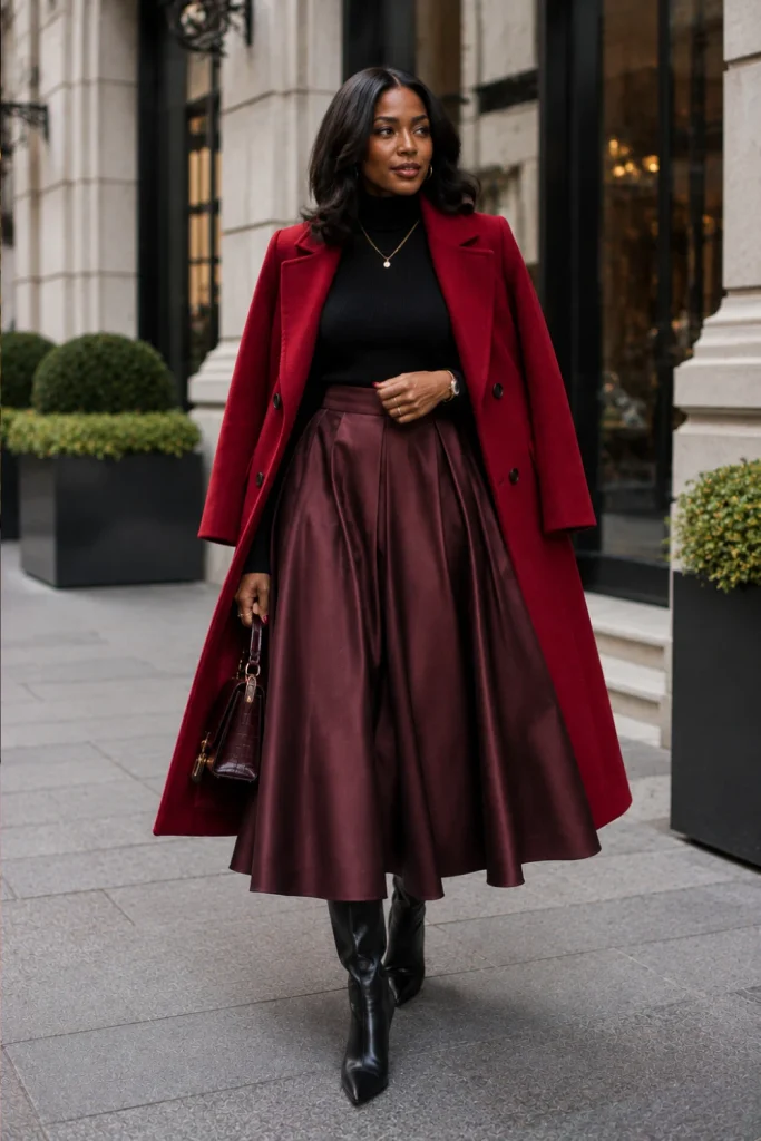 A Black woman wearing a fitted black turtleneck, full midi skirt, statement winter coat, tall boots, and boxy handbag in a chic 2026 outfit.