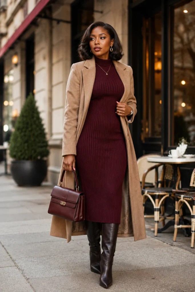 A Black woman in a burgundy knit midi dress with knee-high boots, a long wool coat, and a structured handbag is styled as a polished 2026 winter outfit.