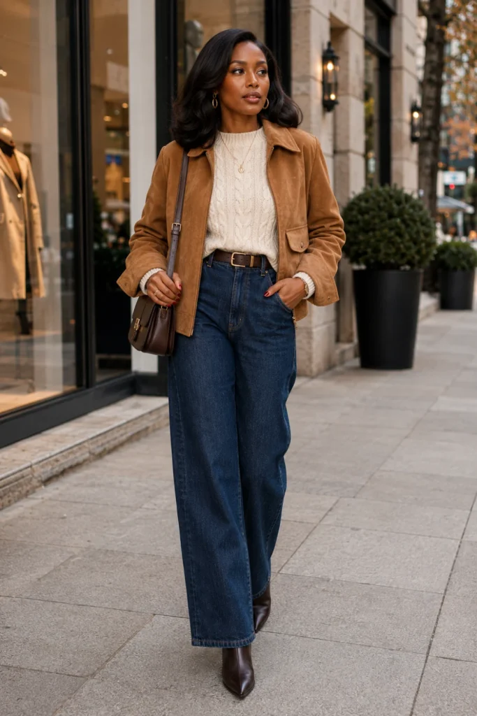 A Black woman wearing a camel suede jacket, cream cable-knit sweater, relaxed jeans, ankle boots, and a polished handbag in a trendy 2026 winter outfit.