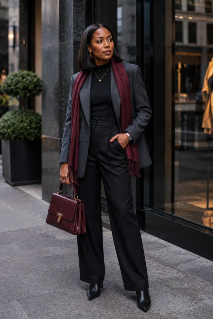A fashionable Black woman wearing an oversized charcoal blazer, black knit, straight trousers, and a burgundy handbag and scarf for a modern 2026 winter outfit.