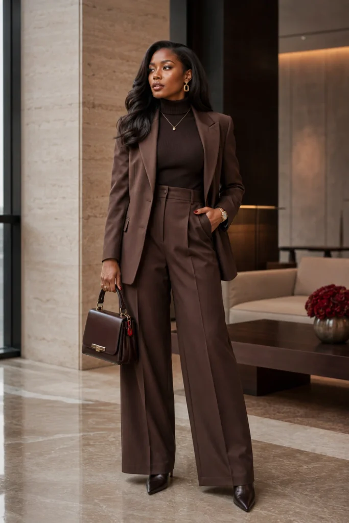 Black woman wearing a chocolate monochrome blazer and wide-leg trouser suit with an espresso turtleneck and sleek boots in a chic 2026 winter fashion look.