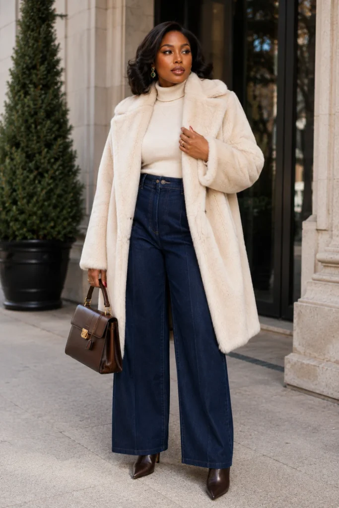 A Black woman wearing a cream faux-fur coat, a fitted turtleneck, dark wide-leg denim, and heeled boots for a chic 2026 winter outfit.
