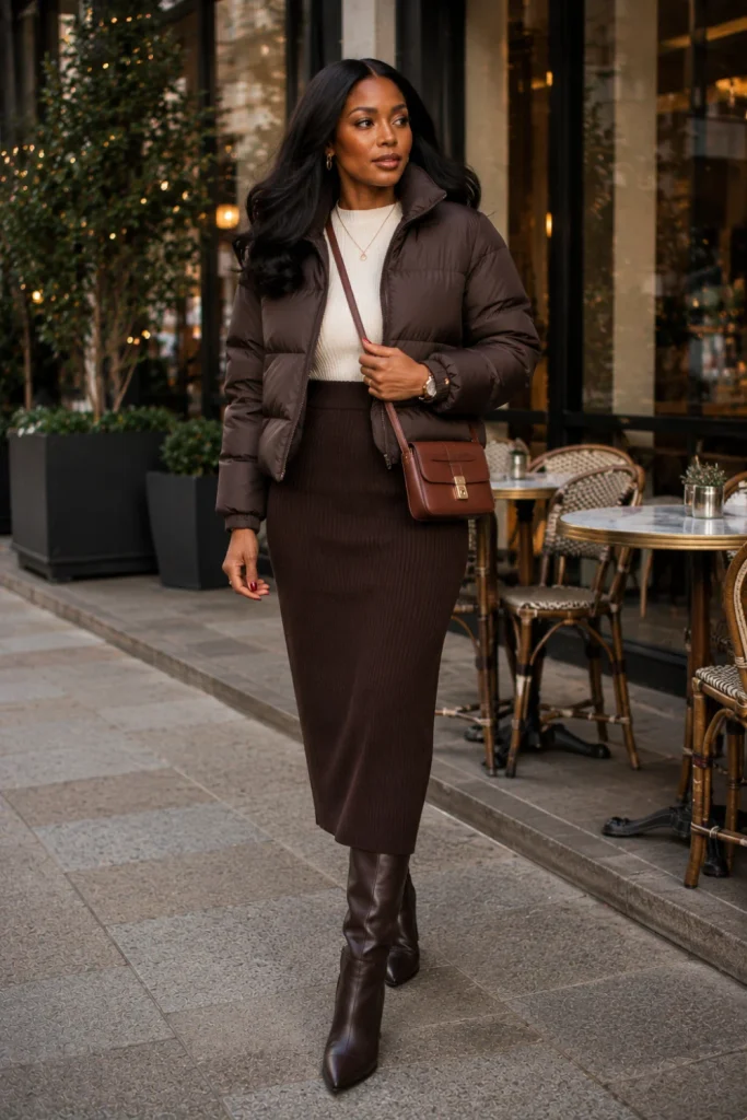 A Black woman wearing an espresso puffer jacket, fitted knit top, midi knit skirt, tall boots, and polished crossbody bag in a stylish 2026 winter outfit.