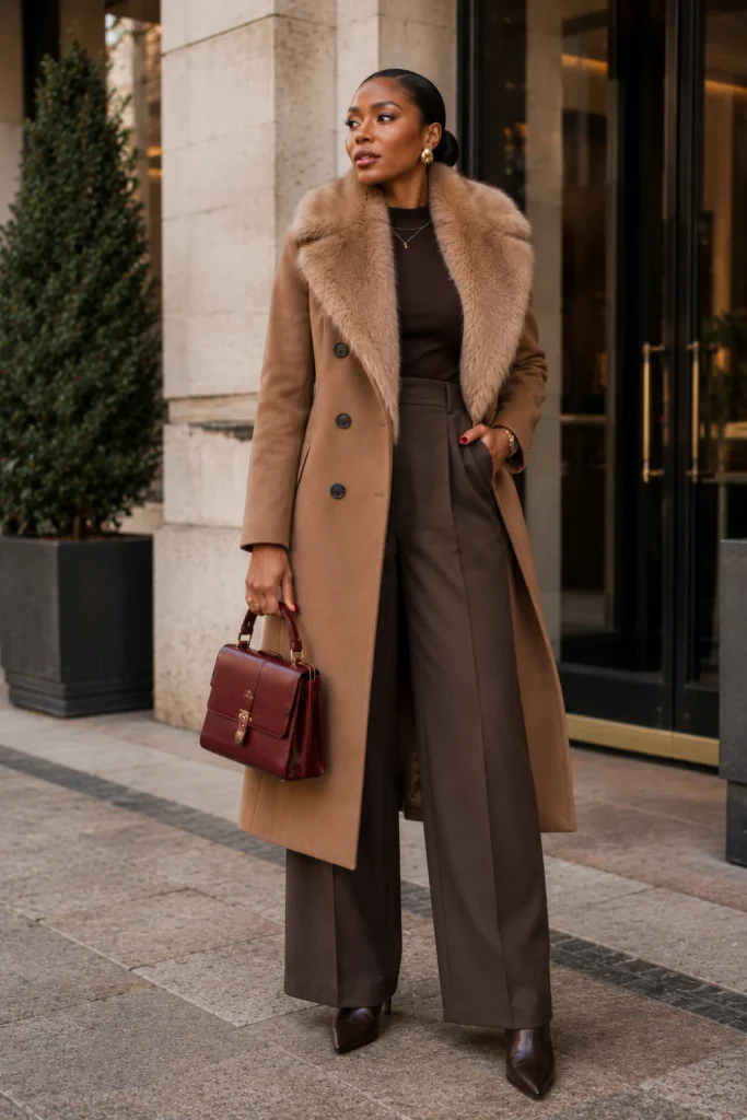An elegant Black woman wearing a double-breasted coat with a faux-fur collar, a fitted knit, tailored trousers, pointed boots, and a structured handbag for 2026 winter fashion.