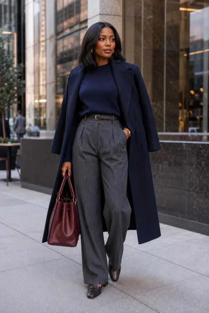 A fashionable Black woman wearing a navy knit, grey pinstripe tailored trousers, polished loafers, and a long coat in an elegant 2026 winter outfit.