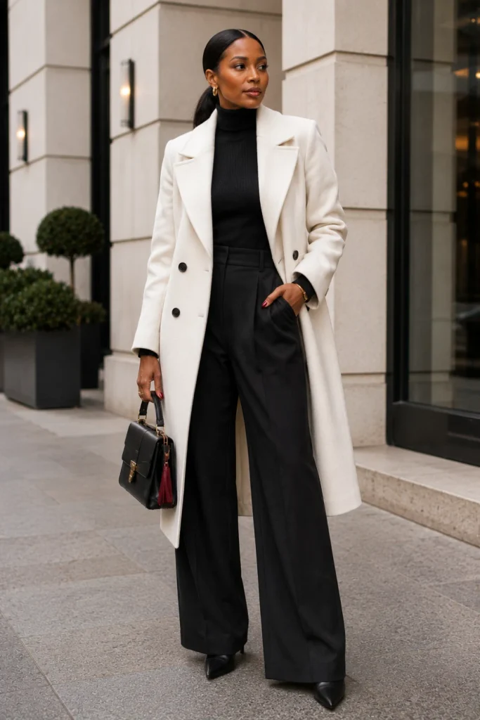 Elegant Black woman wearing an off-white tailored coat over a black turtleneck and wide-leg pants with pointed boots for a sophisticated 2026 winter outfit.
