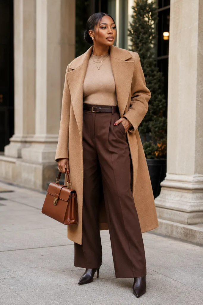A Black woman wearing an oversized camel coat, a fitted knit top, chocolate wide-leg trousers, pointed ankle boots, and a structured handbag in a chic 2026 winter fashion look.