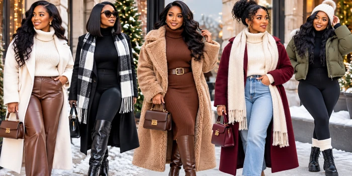 Best winter outfits for Black women 2026 featuring stylish coats, cozy knitwear, boots, scarves, handbags, and layered cold-weather looks in neutral and rich seasonal colors.