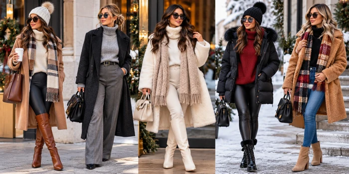 Best winter outfits for women featuring modern layered looks with cozy coats, knit sweaters, scarves, boots, handbags, and stylish cold-weather accessories.