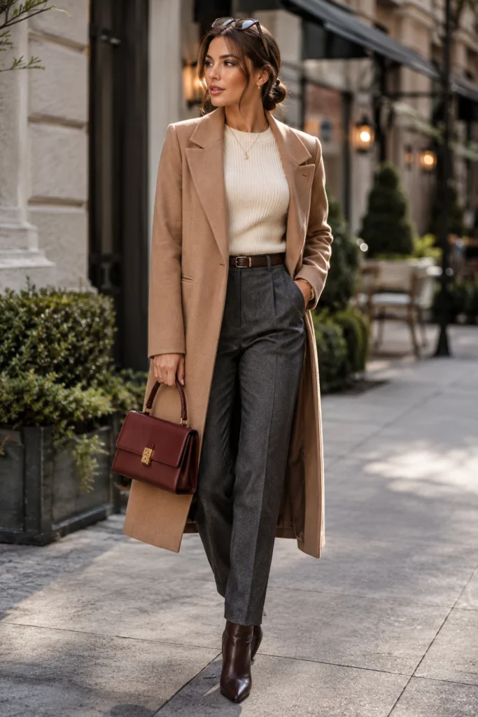 A modern woman wearing a long camel wool coat, fitted knit top, tailored trousers, ankle boots, and structured handbag in a chic 2026 winter street-style outfit.