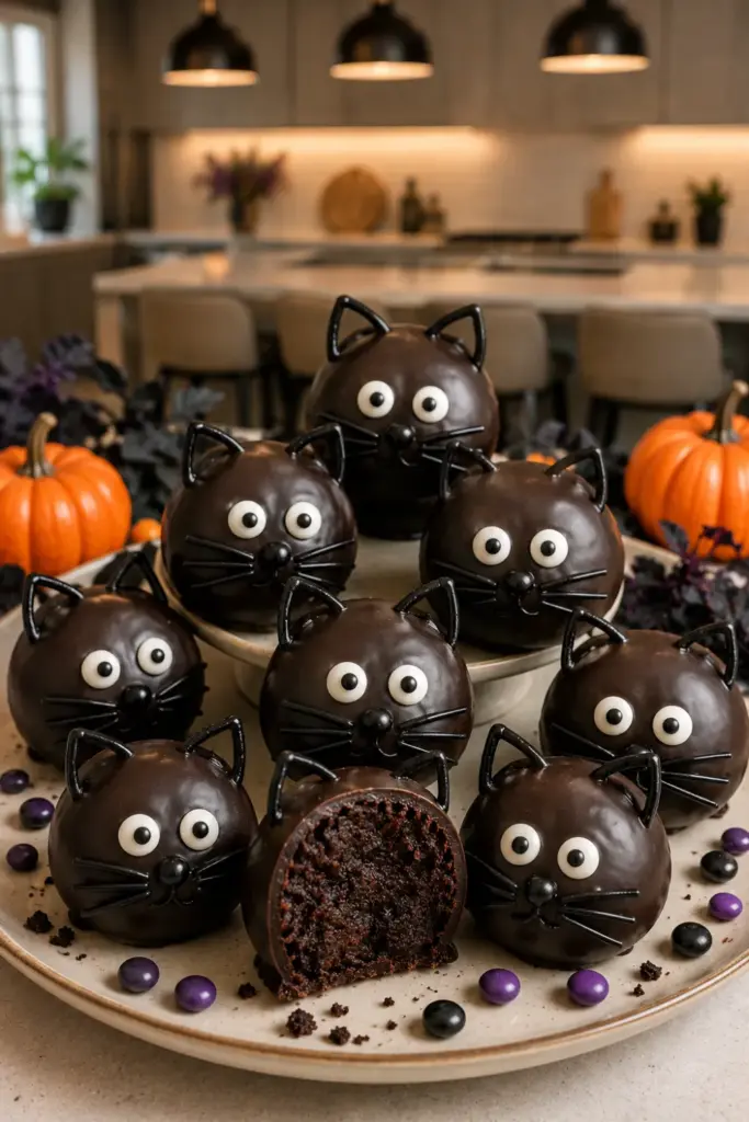 Black Cat Licorice Cake Balls with dark chocolate coating, candy eyes, licorice whiskers, and a contemporary Halloween dessert arrangement.