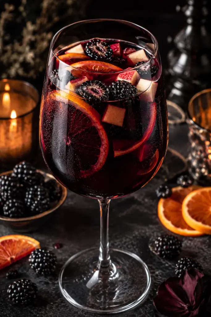 Black Magic Sangria with dark red wine, blackberries, oranges, apples, brandy, and an eerie, nearly black Halloween hue.