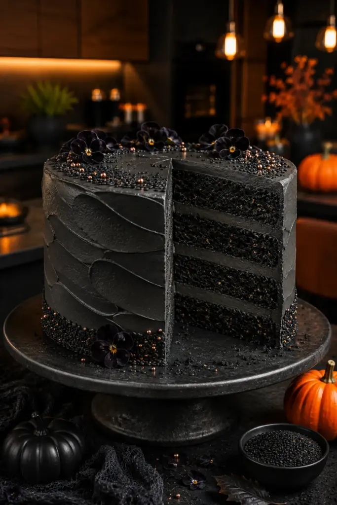 Dramatic black sesame vegan layer cake with black frosting styled as an elegant modern Halloween dessert centerpiece.