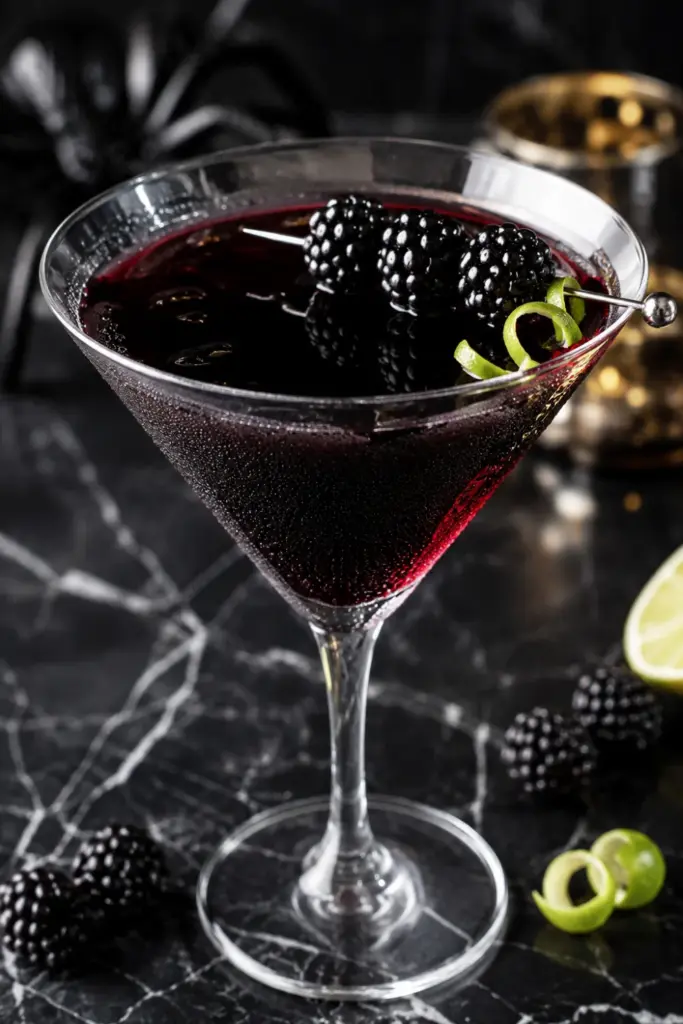 Black Widow Martini with black vodka, triple sec, cranberry juice, fresh lime, and glossy blackberries in an elegant Halloween cocktail glass.