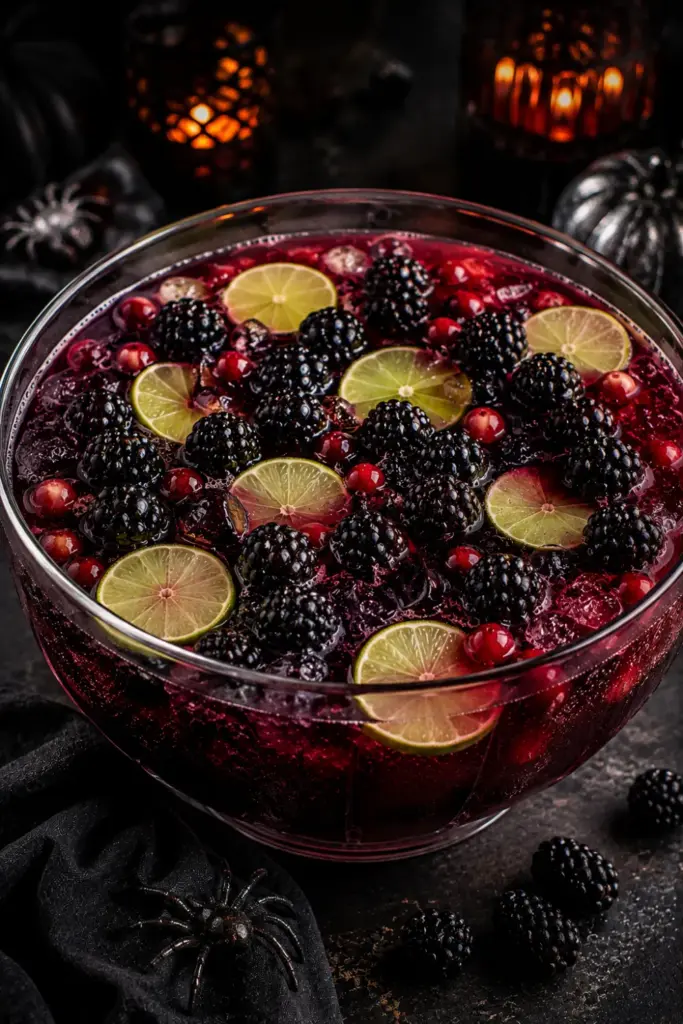 Black Widow Martini Punch made with black vodka, triple sec, cranberry juice, lime, and fresh blackberries in a dramatic Halloween presentation.