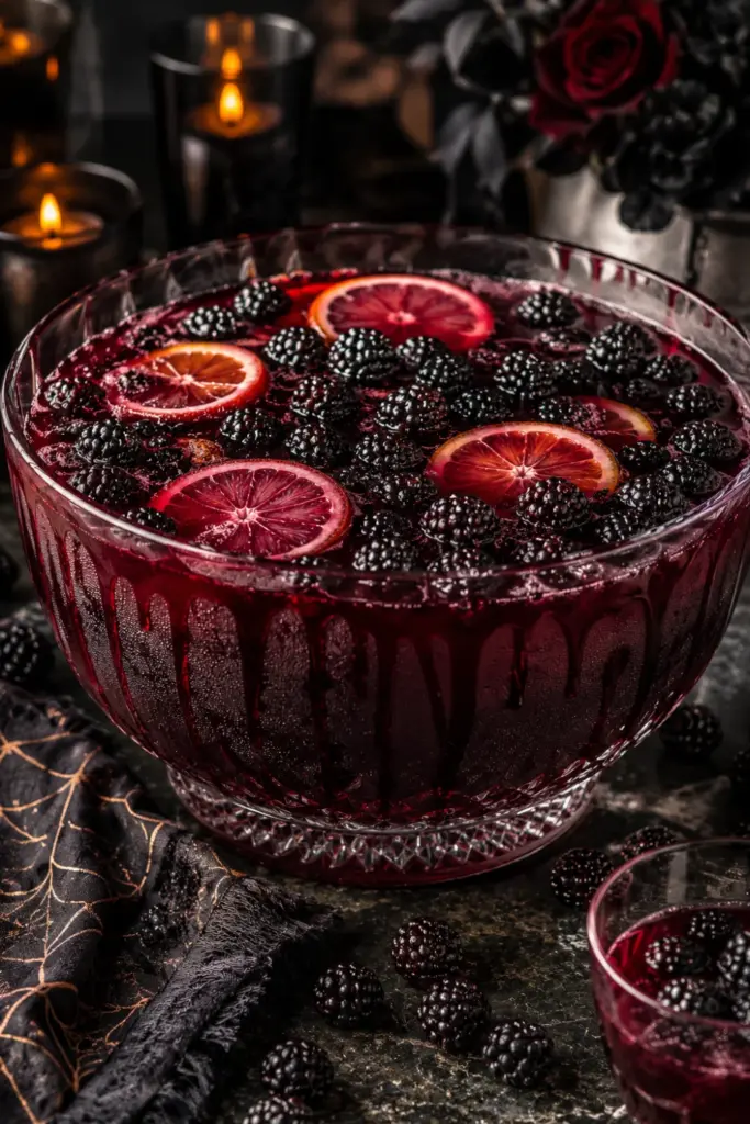 Dramatic blackberry blood punch made with cranberry juice, citrus, vodka, blackberry syrup, and fresh blackberries in a spooky red Halloween presentation.