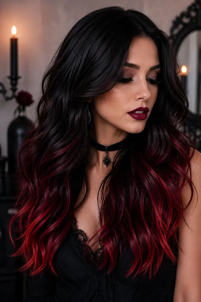 Glossy dark hair with dramatic blood-red drip tips for Easy Best Halloween Hair Design Ideas for Stunning Looks