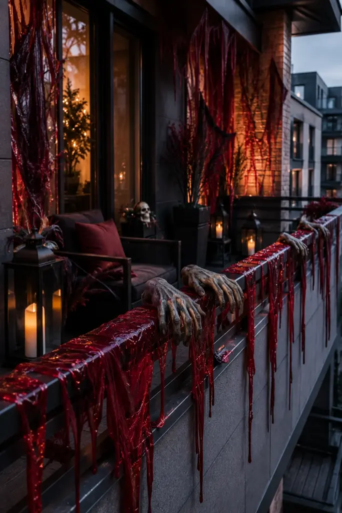 Dramatic modern Halloween balcony with realistic red dripping fabric, zombie hands, black decor, and atmospheric LED lighting.