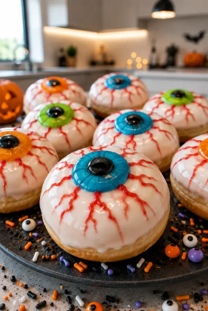 Bloody Eyeball Donuts decorated with white icing, colorful candy irises, black centers, and red bloodshot icing details.