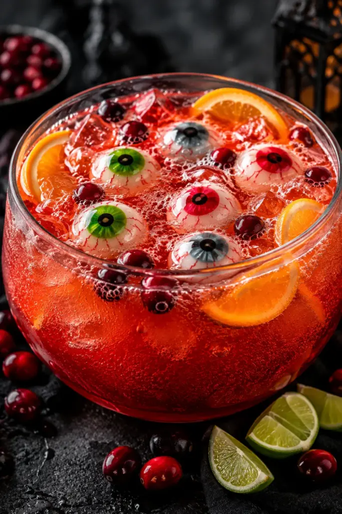 Bloody Eyeball Punch with cranberry and orange juices, vodka, lemon-lime soda, ice, and floating gummy eyeballs.