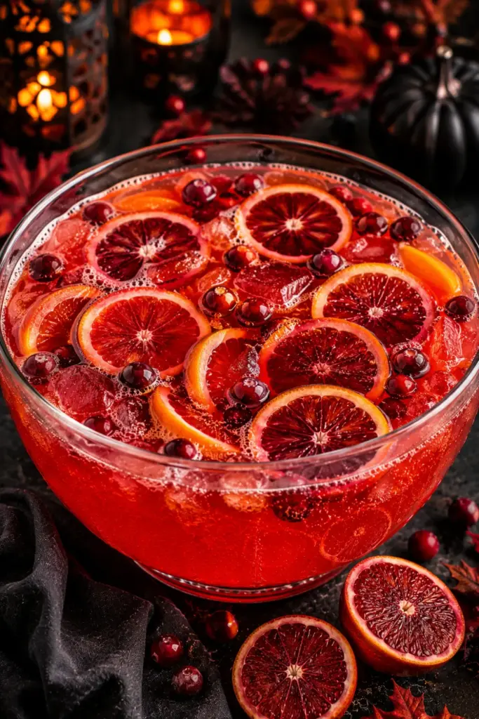 Bloody Orange Halloween Punch with blood orange juice, cranberry, sparkling citrus soda, vodka, and orange slices in a vibrant red-orange Halloween party setting.