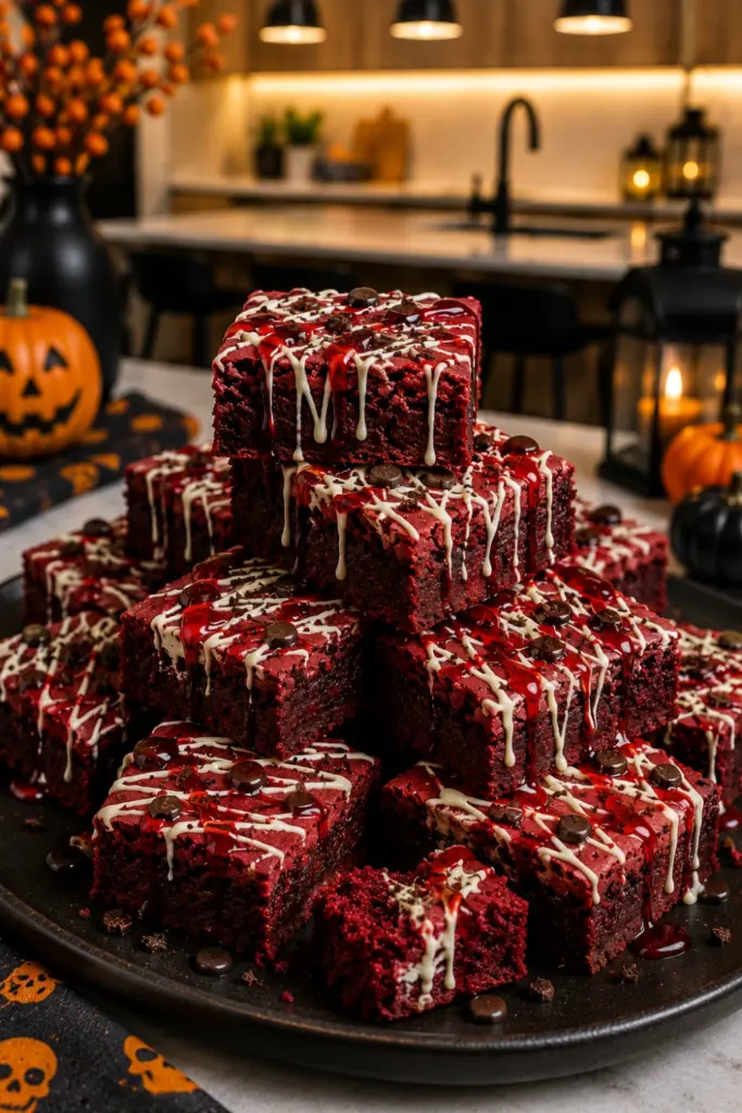 Bloody Red Velvet Brownies decorated with white chocolate, red drizzle and dark chocolate for Halloween parties.