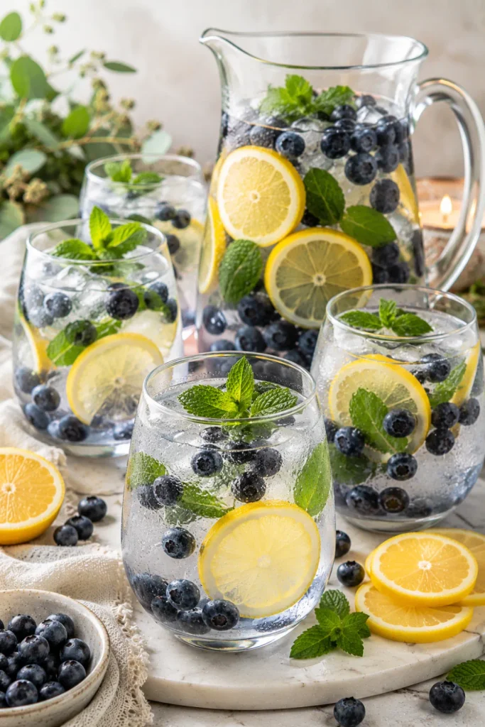 Blueberry lemon-infused water with fresh mint served over ice in elegant glasses for colorful winter entertaining.