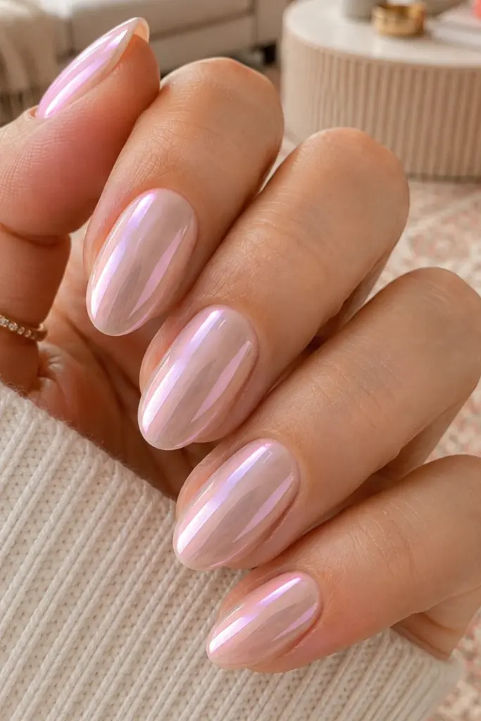 Soft blush chrome clean girl nails with a pearly glow for a trendy back-to-school manicure.